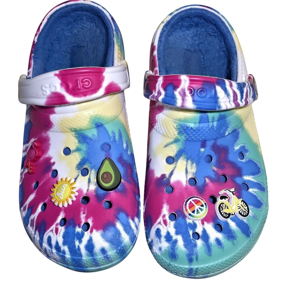 Crocs Classic Lined Tie Dye Clogs Multi Blue Faux Fur Women 8 Jibbitz Charms